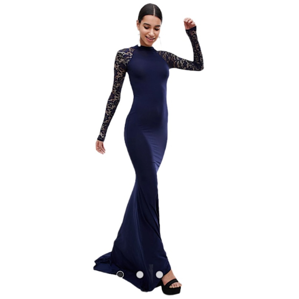 Club L London Open Back Slinky Fishtail Maxi Dress W/ Lace Sleeves SZ US 4 NWT